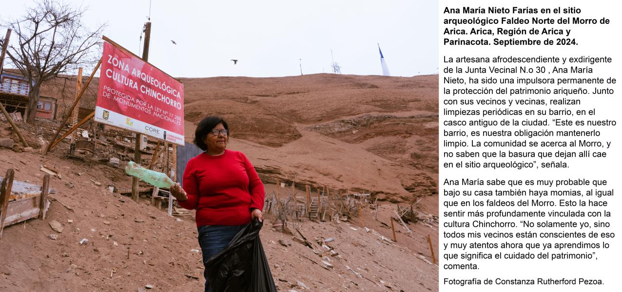 Ana María Nieto Farías Ana María Nieto Farías posando con una botella desechada en la mano en el sitio arqueológico Faldeo Norte del Morro de Arica